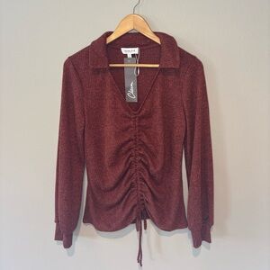 GILLI‎ Women’s Collared Long Sleeve Brown Top with Gathered Front Detail Small